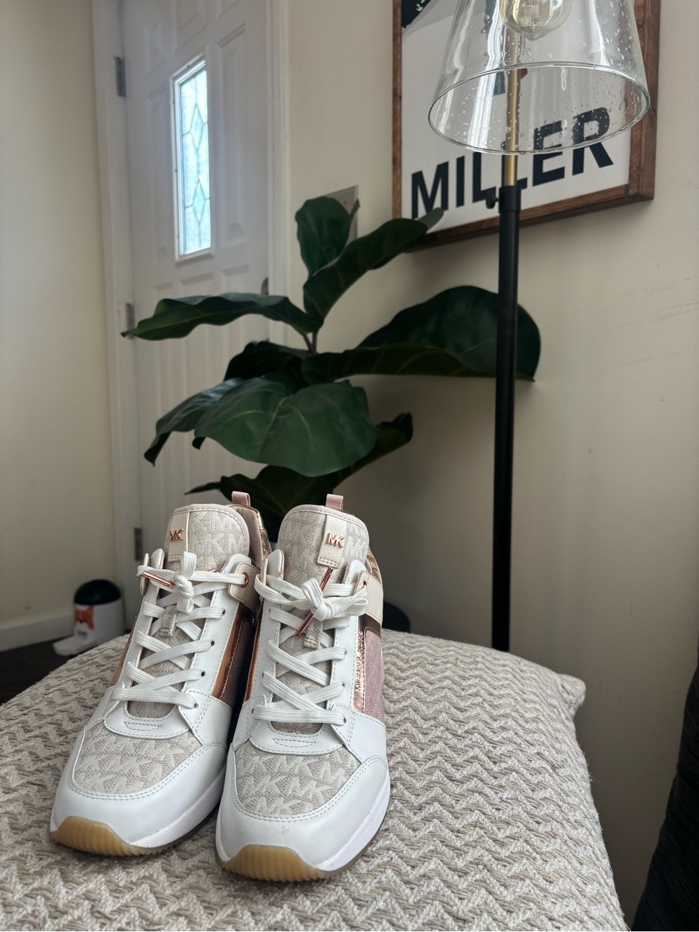 Michael Kors White and Pink Women’s High-Top Logo Sneakers